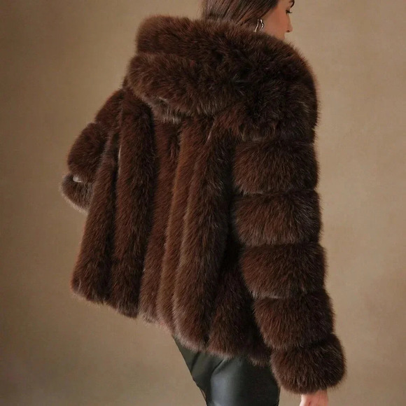 Coffee Brown Casual Women's Faux Fox Fur Coat - Picture 2 of 7